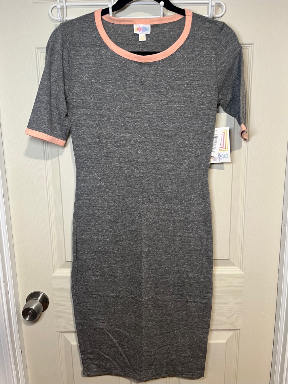 LuLaRoe Heather Gray Knit Dress with Peach Trim